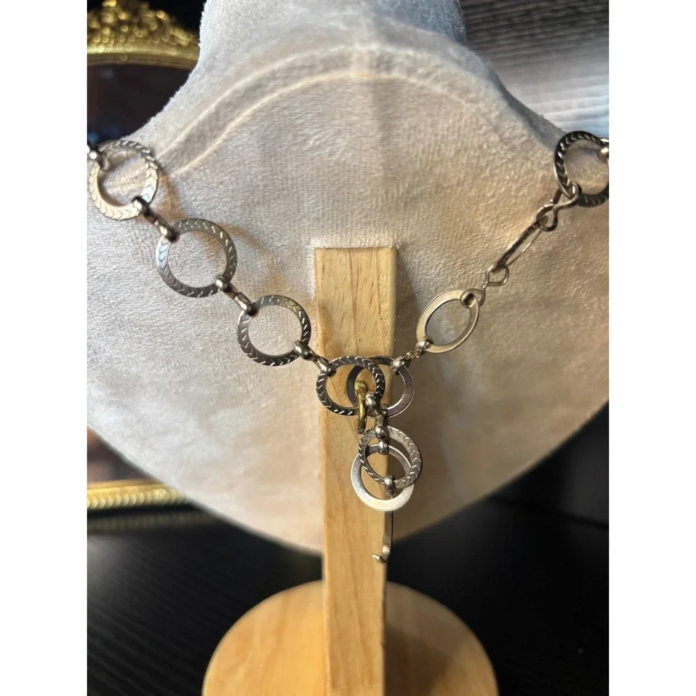 Vintage Silver Tone Southwestern Stamped Concho NecklaceScalloped Medallion Boho